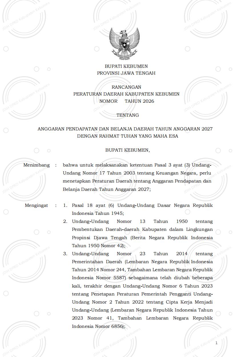 Raperda Kabupaten Kebumen tentang Anggaran Pendapatan dan Belanja Daerah Tahun Anggaran 2027